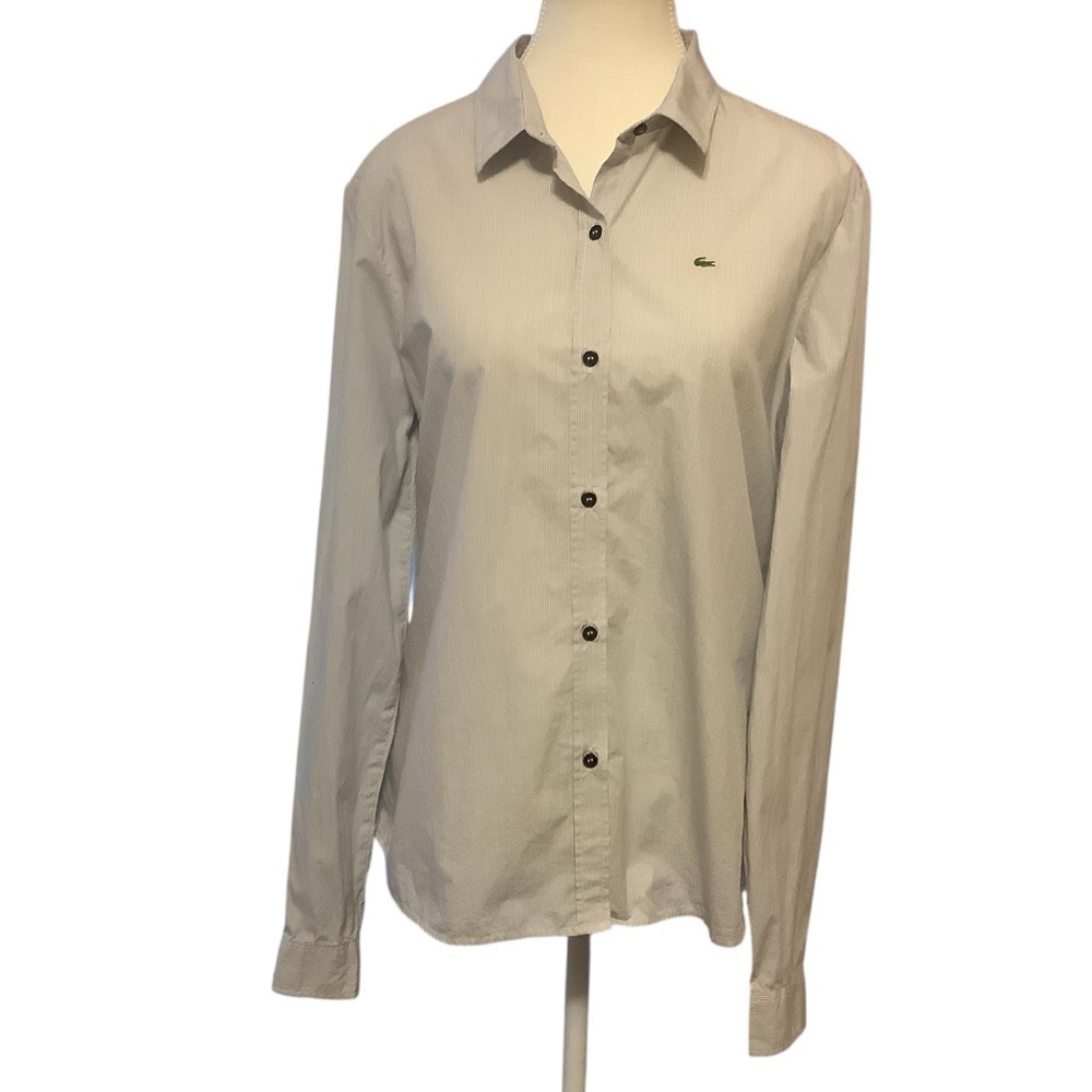 LACOSTE WHITE STRIPED LONG SLEEVE COLLARD BUTTON-UP COTTON SHIRT/ Size 48
